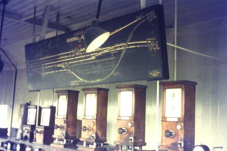 Inside Brownhil Junction Signal Box showing panel with lights tracking trains